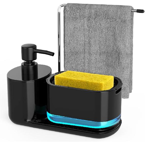 Kitchen Soap Dispenser Set, Soap Dispenser for Kitchen Sink, Dish Soap Dispenser with Sponge Holder, Rag Holder and Tray, 4-in-1 Organizer for