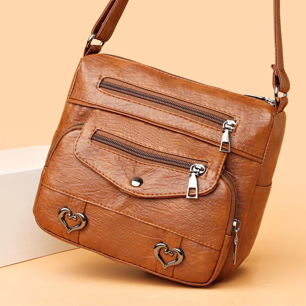 Vintage PU Leather Lady Crossbody Bag Multi Layer Large Capacity Shoulder Bag Zipper Closure Messenger Satchel Bag Daily Use