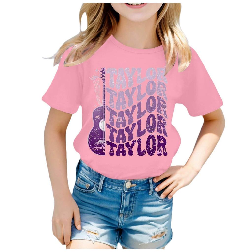 Summer Round Neck 3D Guitar Printed Top Fashionable Casual Short Sleeved Children's Girl T-shirts