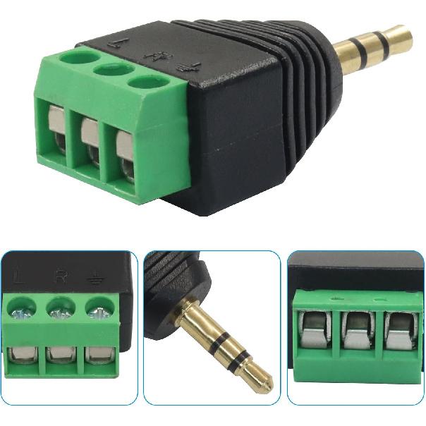 5 Pack TS Mono Male to 3 Pin Screw Terminal AUX Headphone Balun Connector, 3.5mm Audio Connector Solder Free Plug for Microphone