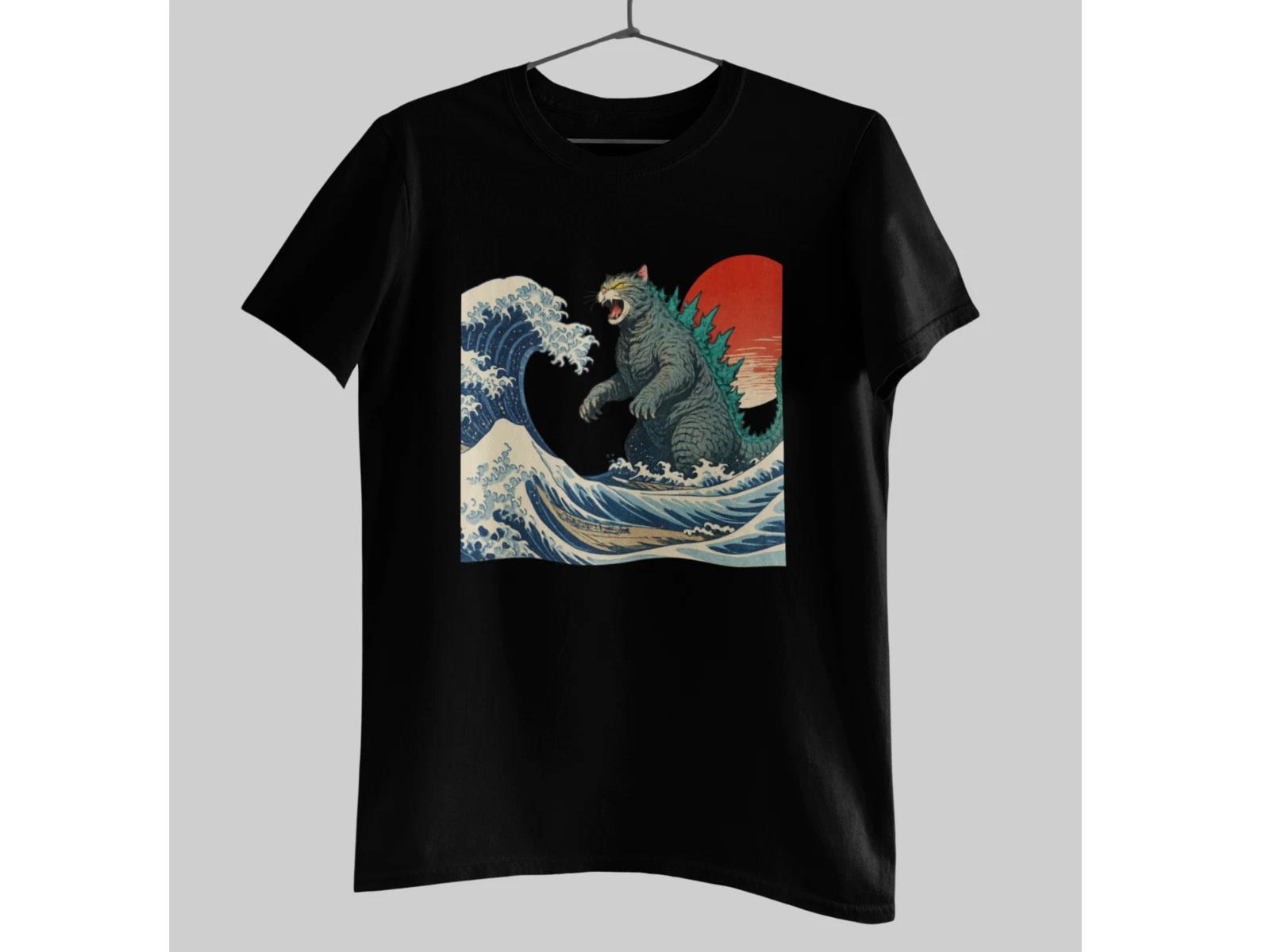 Catzilla T-Shirt Japanese Wave Cat Kaiju Graphic Tee 100% Cotton Vintage Ukiyo S