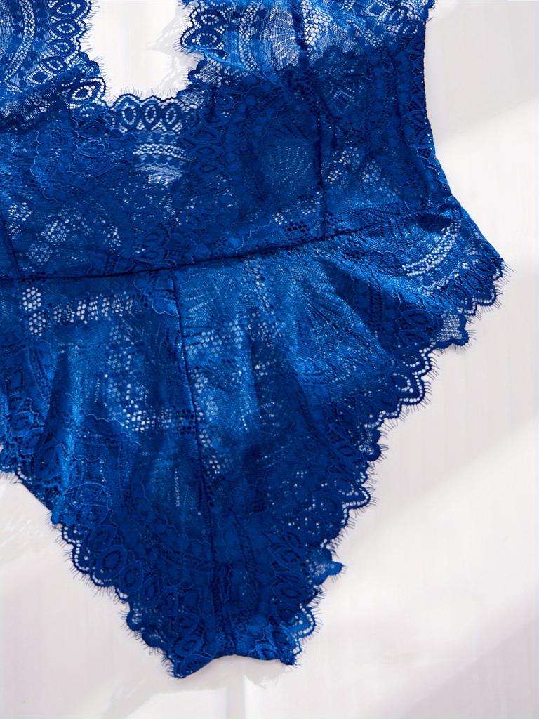 Sexy Lingerie Women Lace Halter Blue Hollow Bra Set Wire Free Backless No Pad Underwear Erotic Costumes Teddy Babydoll Dress