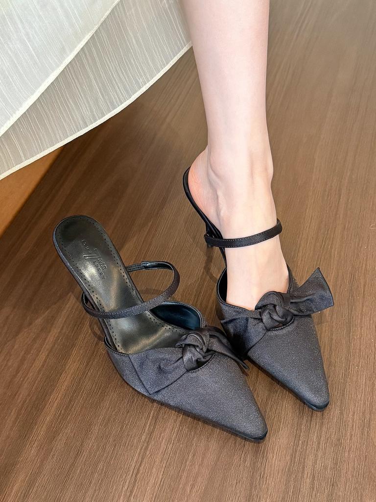 Premium White Moonlight! Satin White Pointed Bow Muller High Heels Women's Empty Sandals