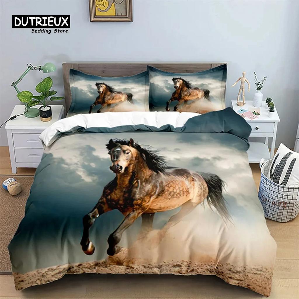 Horse Comforter Cover Set for Kids Toddler Farm Animal Pattern Bedding Set 3 Piece Farmhouse Cowboy Duvet Cover Set