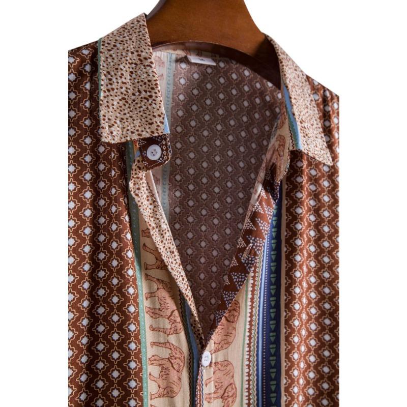 Men Ethnic Geometric Elephant Print Turn Down Collar Short Sleeve Casual Button Up Shirt