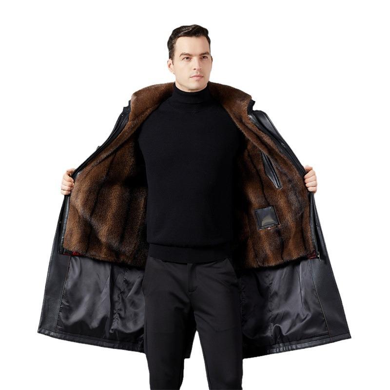 New leather jacket men's long leather jacket business casual removable liner lapel knee-length leather coat jacket for men