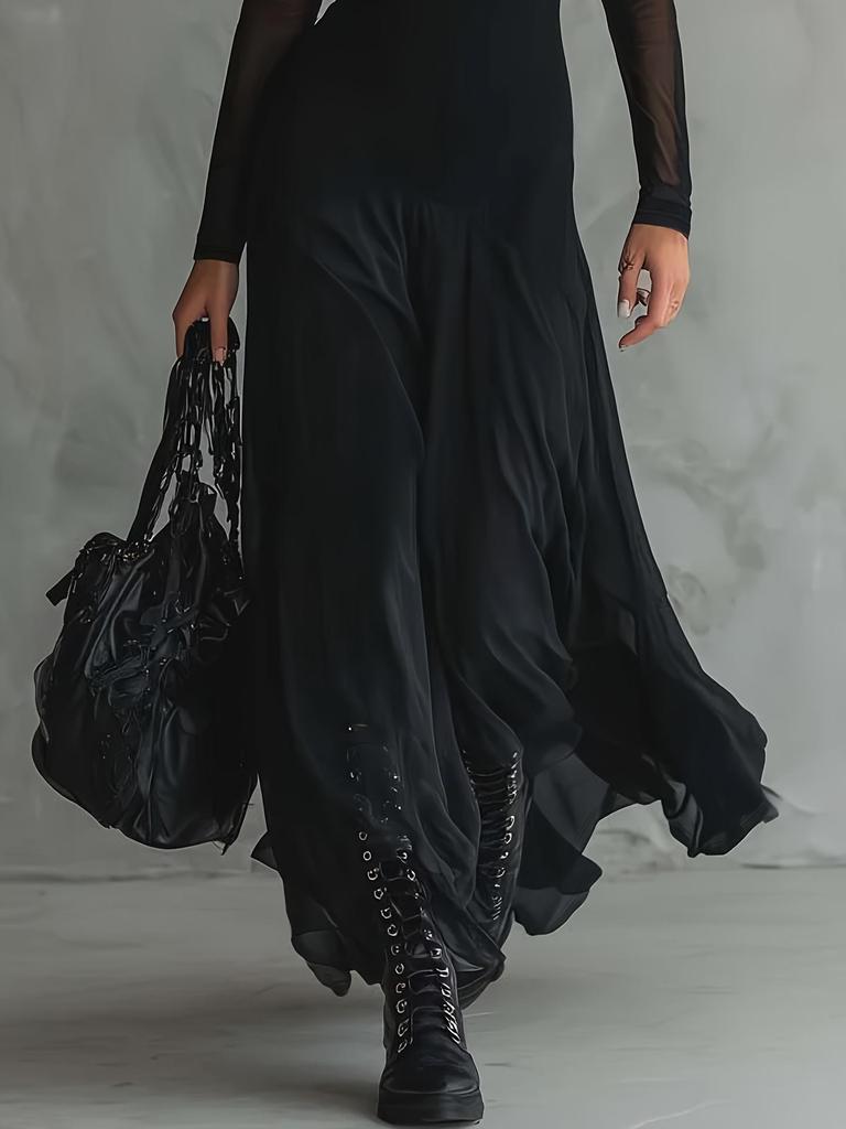 Sleek Black Mesh Long Sleeve Dress - Sexy & Elegant European & American Style
