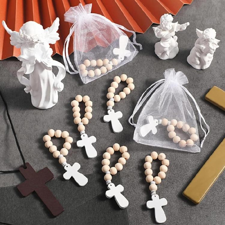 18Pcs Wood Beads Rosary Bracelets with Bag for Church Activity and Babys Room