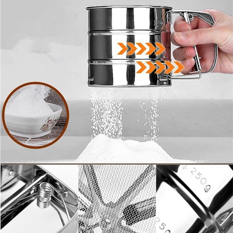 Stainless Steel Flour Sifter Cup Manual Shaker Sieve Cup For Baking Coffee One Hand Press Flour Sifter With Scale Cake Tool