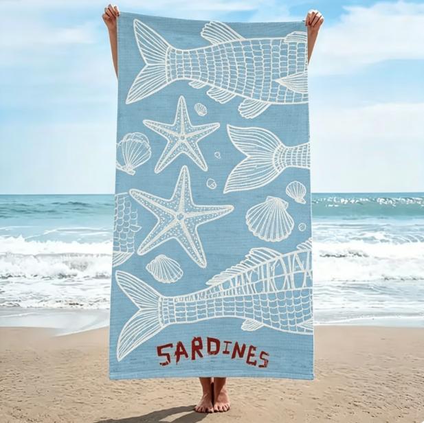 Retro Blau Fische Skizze Strandtuch, Großes Mikrofaser Sandfreies Schnelltrocknendes Handtuch für Sommerurlaub Strandtücher Badezimmer