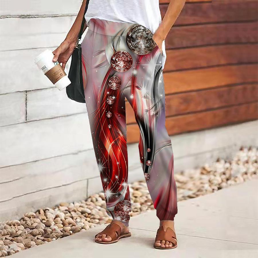 Women Diamond Printing Pants Lace Up Elastic Waist Loose  Trousers Casual Long Pants Trousers with Pockets