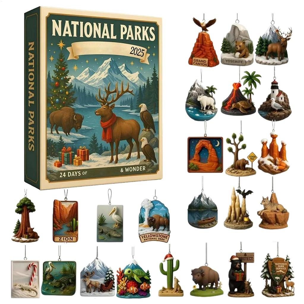 24 Days Christmas Advent Calendar Cute Acrylic National Parks Themes Ornament Calendars 2D Flat Festive Decor Party Gifts