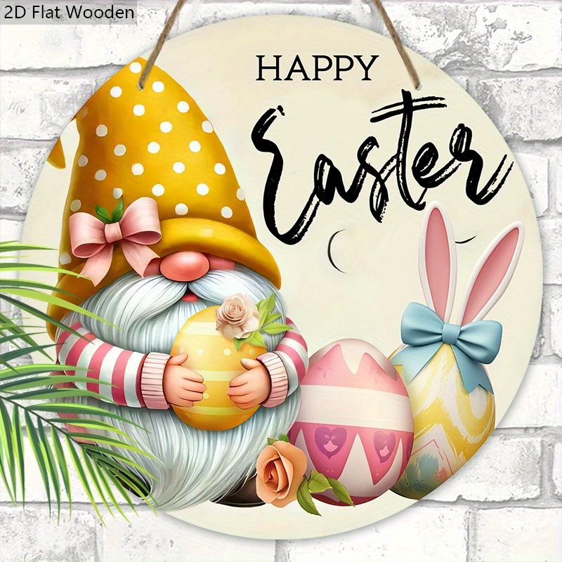 Happy Easter Wooden Sign with Adorable Gnome Pattern - Charming Decorative Hanging Plaque with Easter Bunny, Eggs Pattern - Ideal Easter Decorations