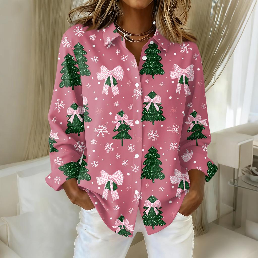 Women's Christmas Printed Button Up Long Sleeved Casual Regular Shirt With Collar Top