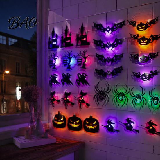 Haunted House Theme Decor 30Pcs Halloween Wall with LED Light, Glowing Bat Ghost itch Festive Decals Spider Silhouette Decoration, Spooky Light-Up