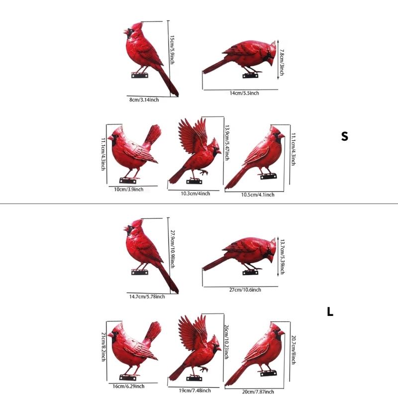 Outdoor Fence Bird Set Iron 5 Piece, Red Bird Figurines for Garden Railings, Flower Rows, Fence Lines and Yard Edges