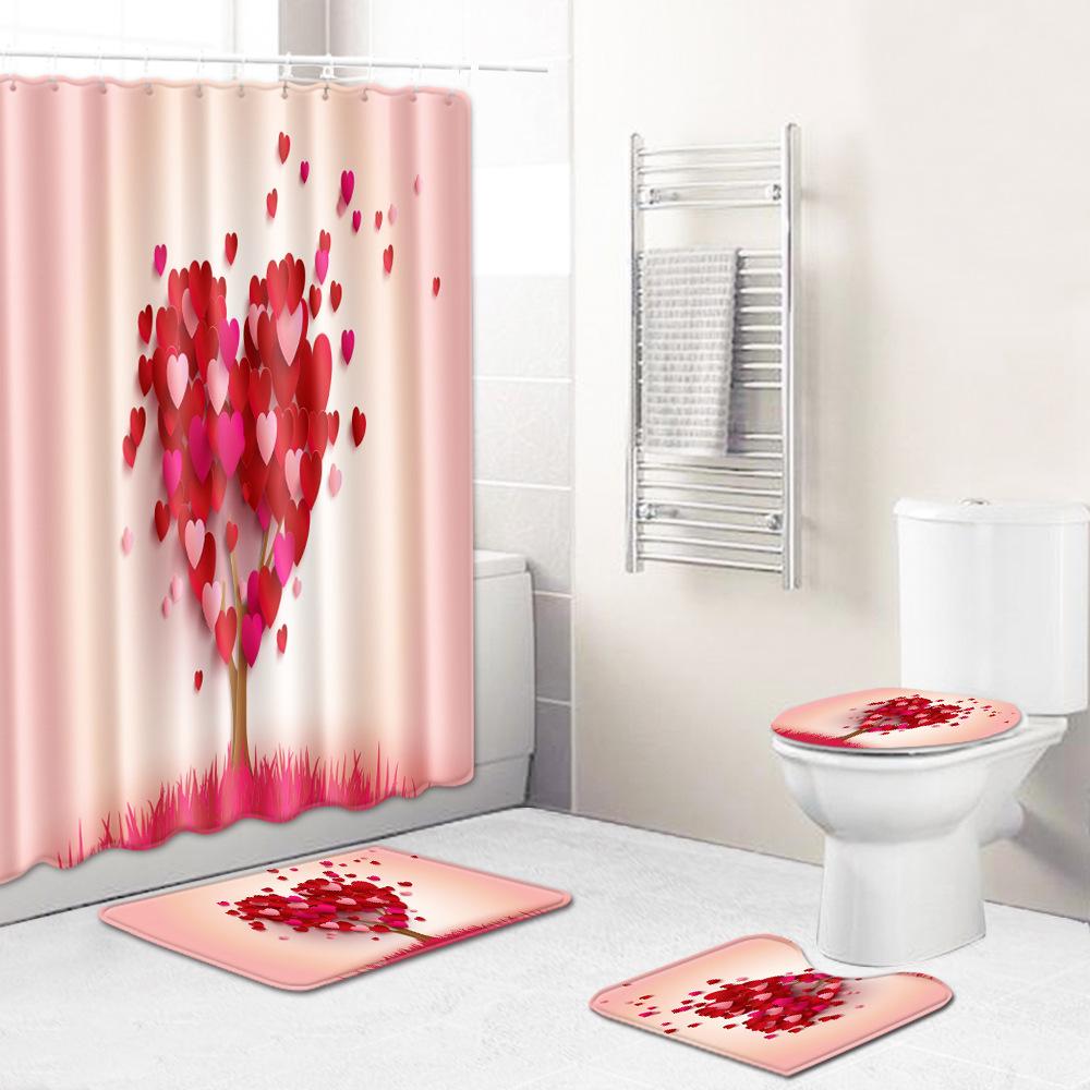 Love Valentine'S Day Shower Curtain Floor Mat Four-Piece Set Bathroom Non-Slip Door Mat Bedroom Carpet