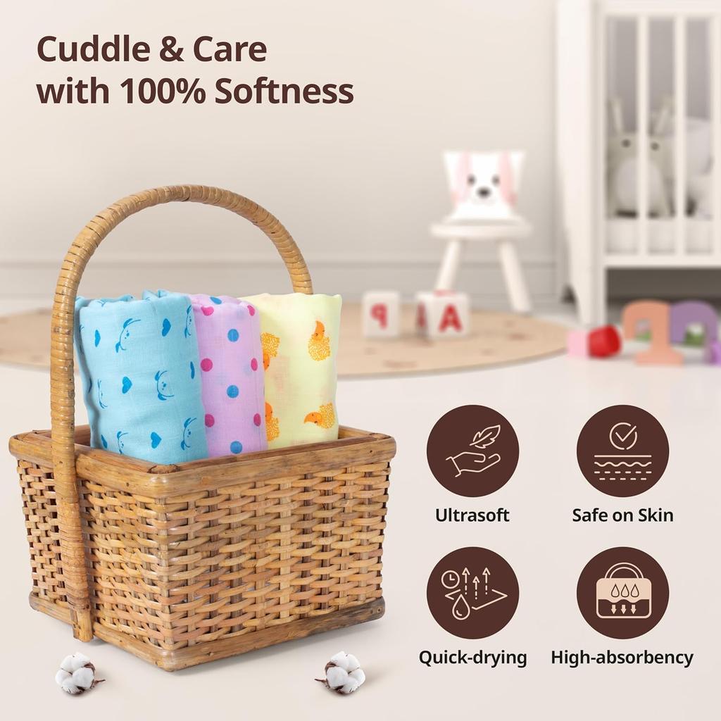 LuvLap 100% Cotton Muslin Baby Swaddle Set, Breathable Newborn Wrap, Soft Dots & Hearts Print, Pack of 3, 120x100cm