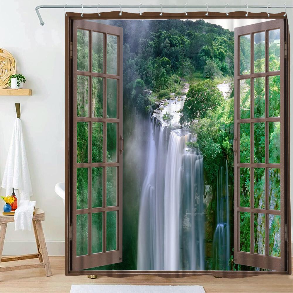 Waterfall Shower Curtain Natural Landscape Outside Window Scenery Forest Flowing Stream Bathroom Decor Polyester Bath Curtains