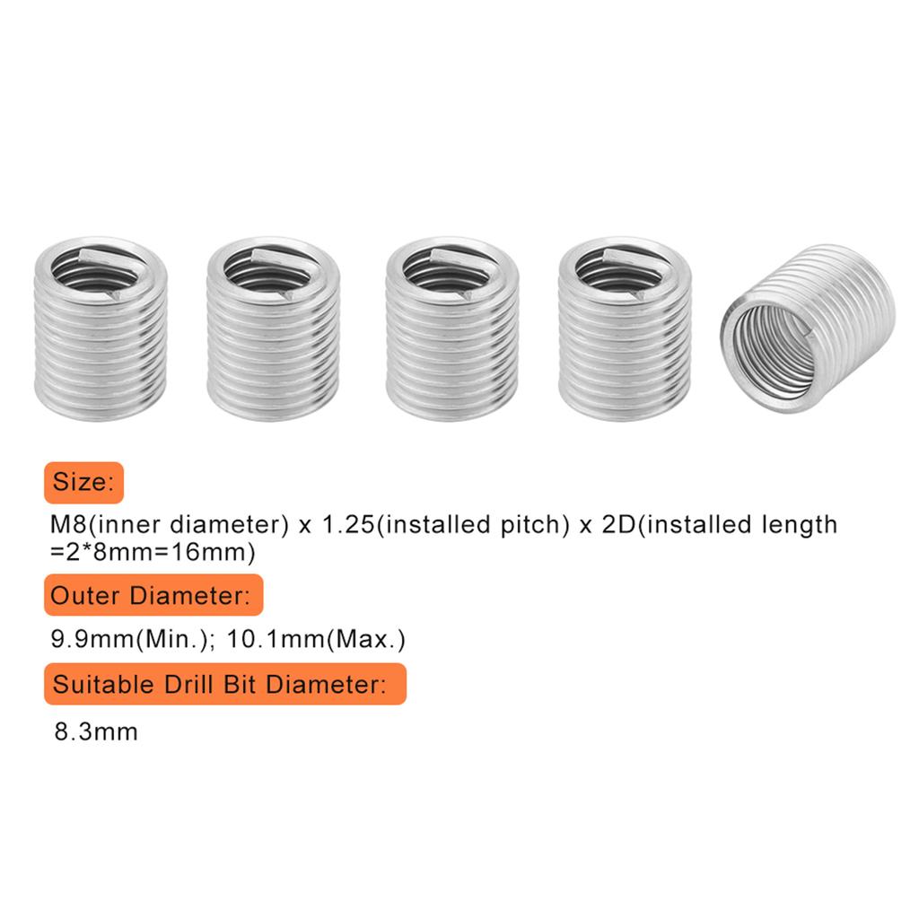 Coiled Wire Insert, 100pcs Helical Threaded Inserts Stainless Steel SS304 Coiled Wire Helical Screw Thread Inserts M8 Screw  Assortment Sets