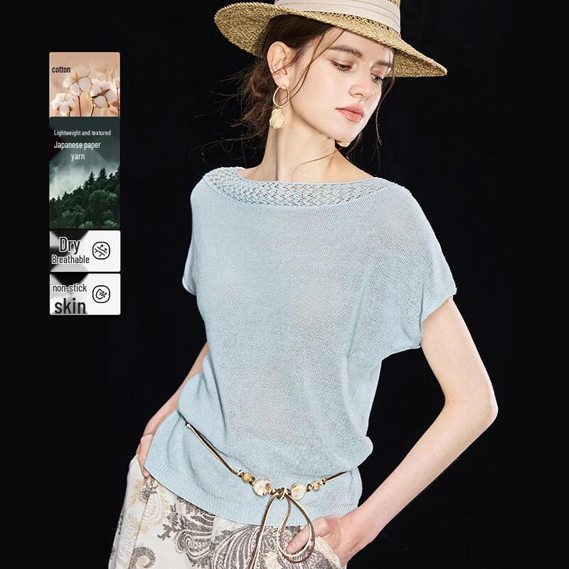 Old Money Style One-Shoulder Hollow-out Lace Knit T-shirt One Size светло-синий