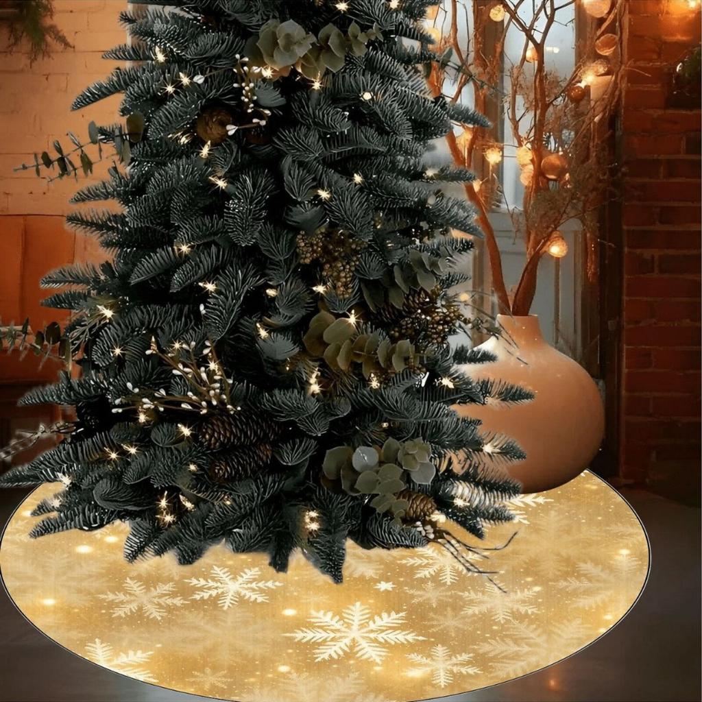 Golden Snowflake Christmas Tree Skirt With Golden Glitter Snowflake Winter Holiday Decoration Christmas Atmosphere Tree Skirt