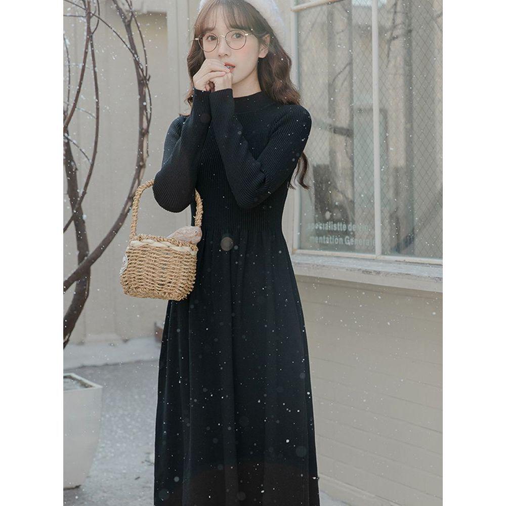 Petite Women's Winter Base Layer French Knitted Wool Long Dress Skirt, 2025 Style.