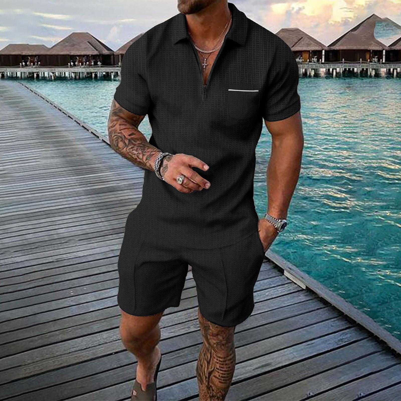 

Men s Shirt Casual Aports Loose Short Sleeved Shorts Beach Suit XL чёрный