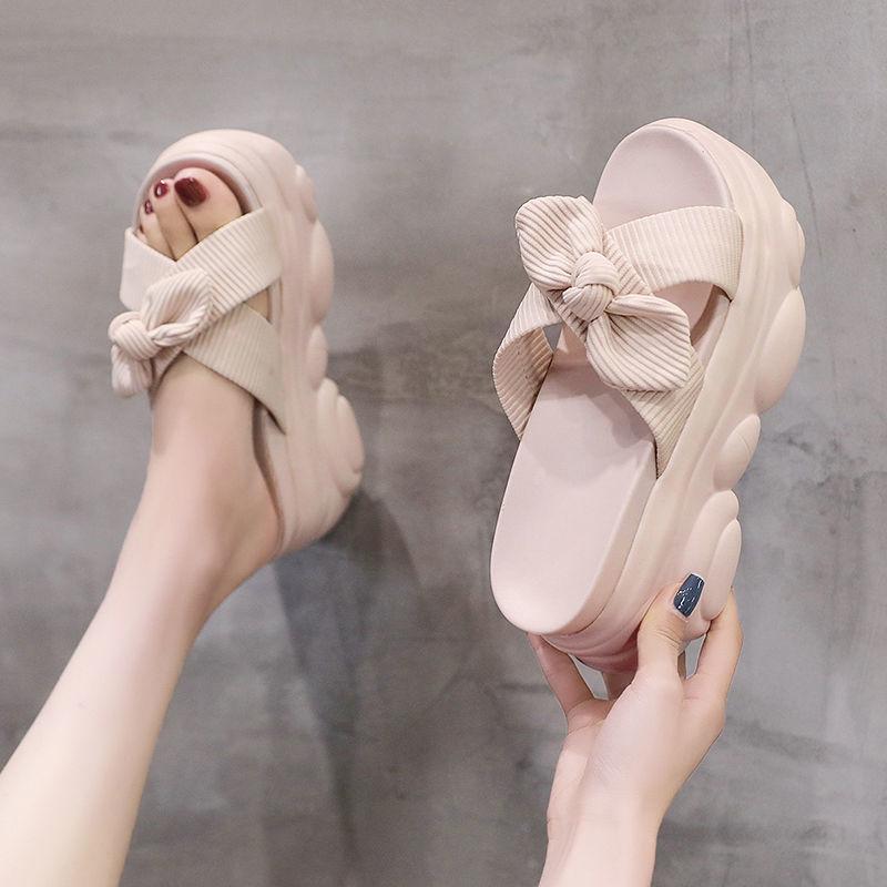 Thick-bottomed muffin slope heel slippers women's summer wear fashion bow cross versatile word sandals