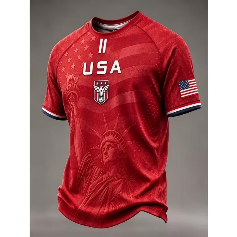 USA Football Jersey Statue of Liberty Print US Flag Eagle Badge Short Sleeve T-Shirt American National Soccer Fan Sports Tops