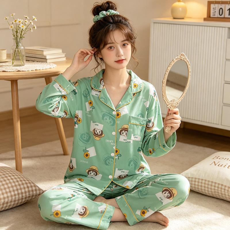 Natal year pajamas women's spring and autumn new imitation cotton long-sleeved red cute cartoon loungewear two-piece set