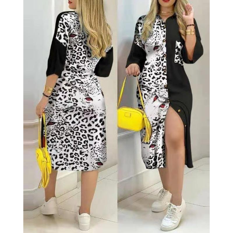 

Весенне-осенние женские платья с принтом и карманами на пуговицах, платья-рубашки с длинными рукавами, длинные платья 2XL цветной печати леопарда