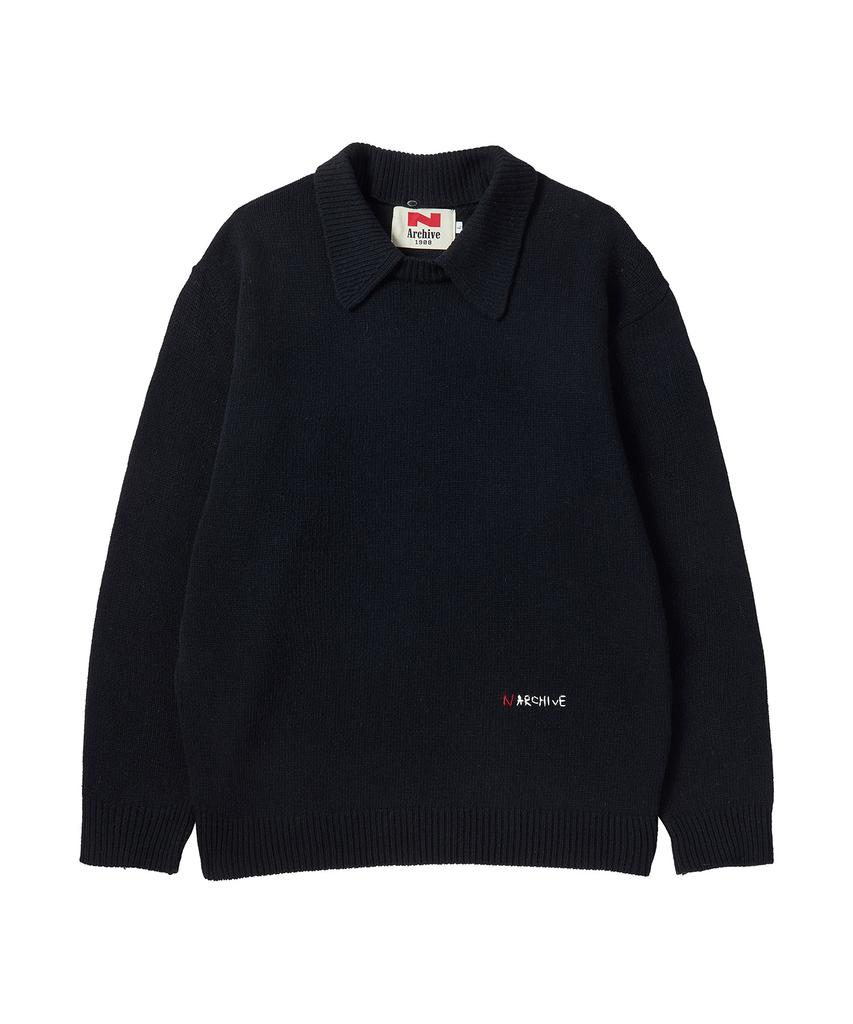 BEYOND CLOSET [Collection Line] Modular Collar Wool Knit Navy