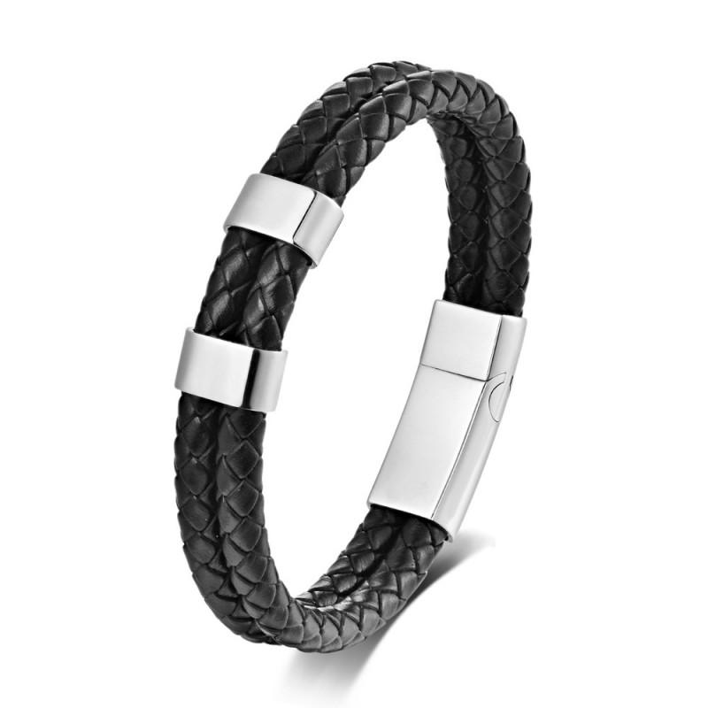 Stainless Steel Engraved Name Bracelet Men Minimalist Double Layer Leather Woven Black Adjustable