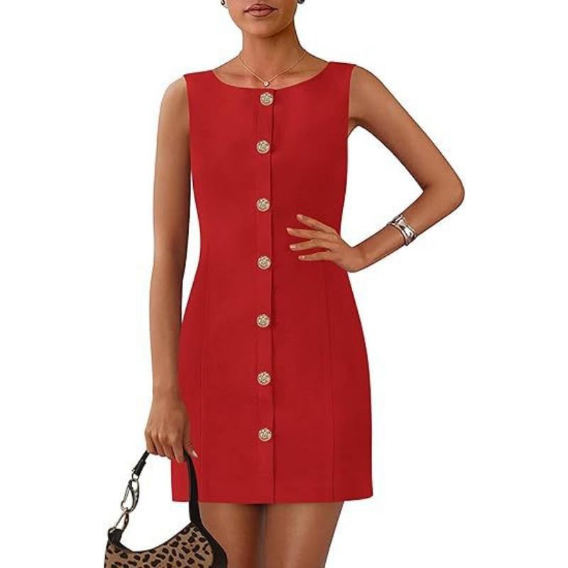 

Популярное женское короткое платье без рукавов с круглым вырезом и пряжкой однотонное XXL красный