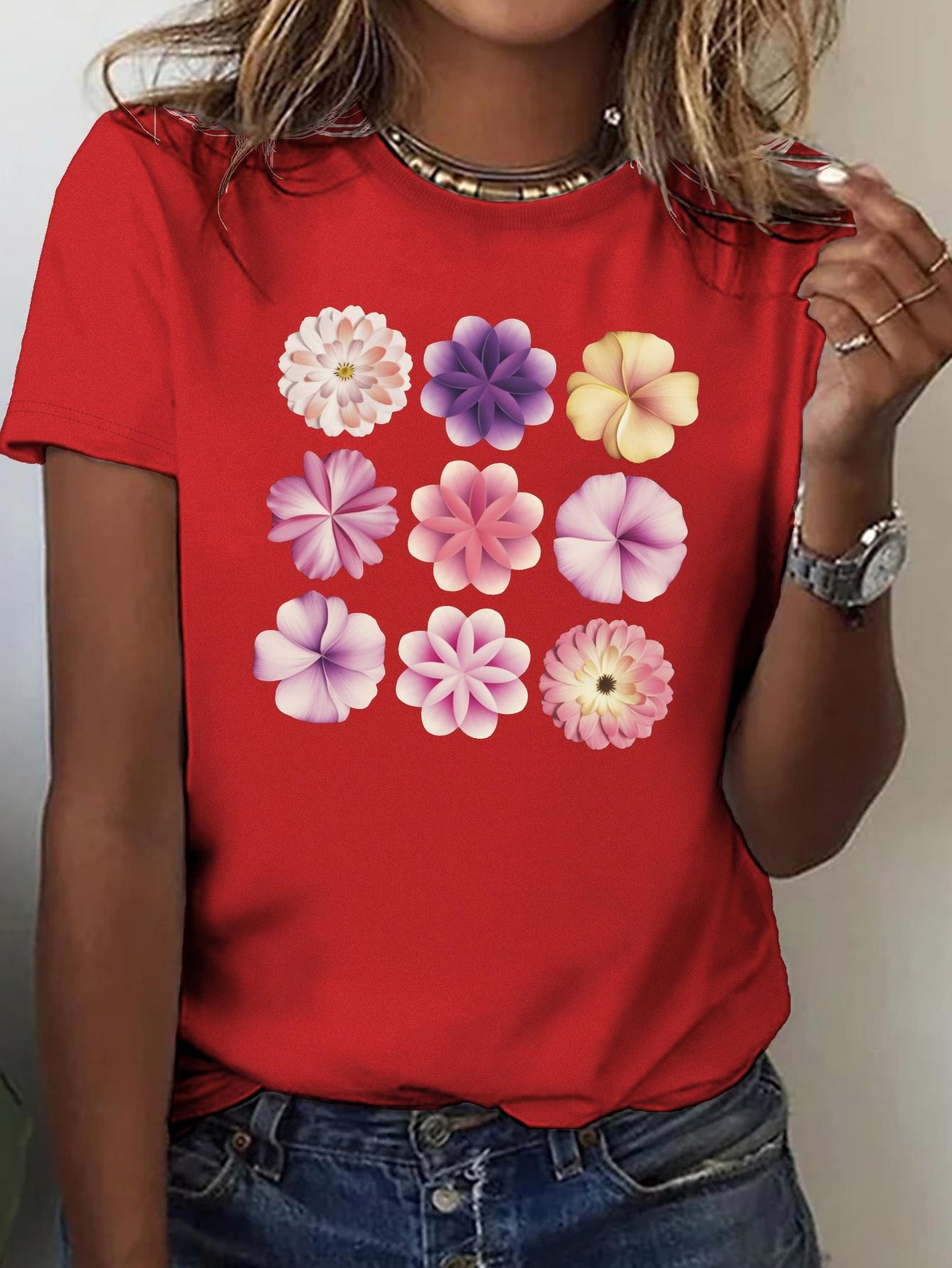 Grid Flowers Pure Womens Tshirt Comfort Fit Harajuku Short Sleeve Casual Tshirt Clothing Street Tops Tees Aesthetic Clothes S