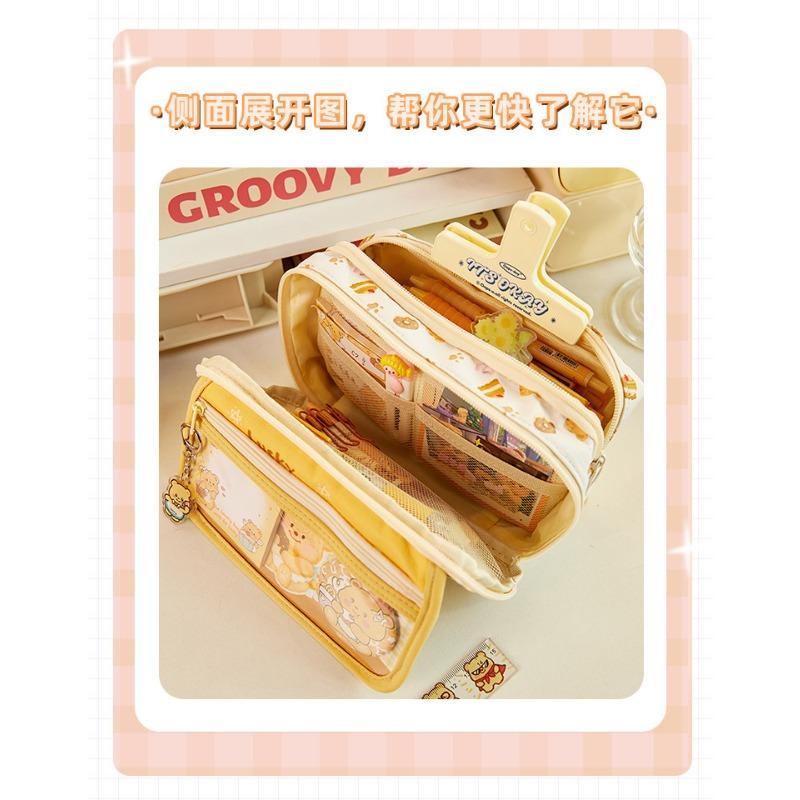 Cute Bear Large Capacity Multi Layer Flip Pencil Case Stationery Bag For Students