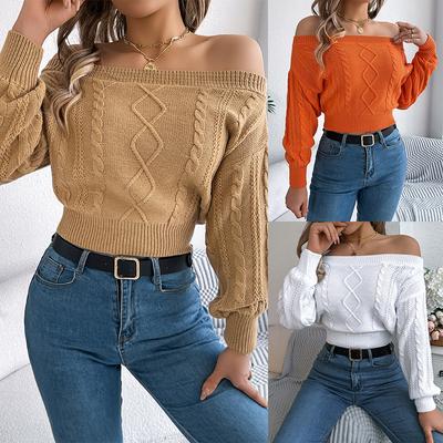 Womens Knitted Sweaters Off-Shoulder Puff Long Sleeve Chunky Knit Pullover Jumpers Rib Slim Fit Solid Knitwear Tops