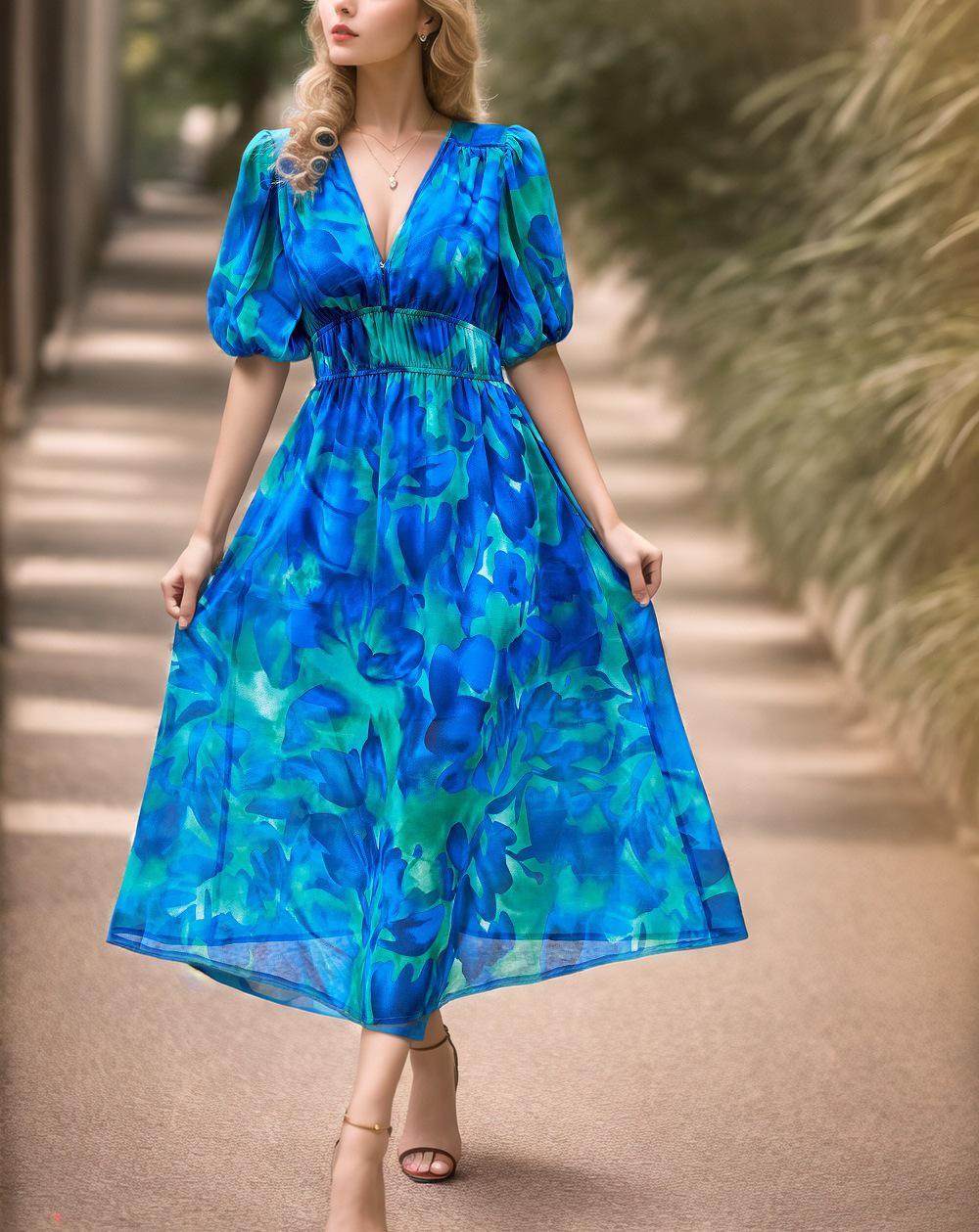 2025 Summer Elegant V-neck Printed Waist-cinching Long Dress XL синий