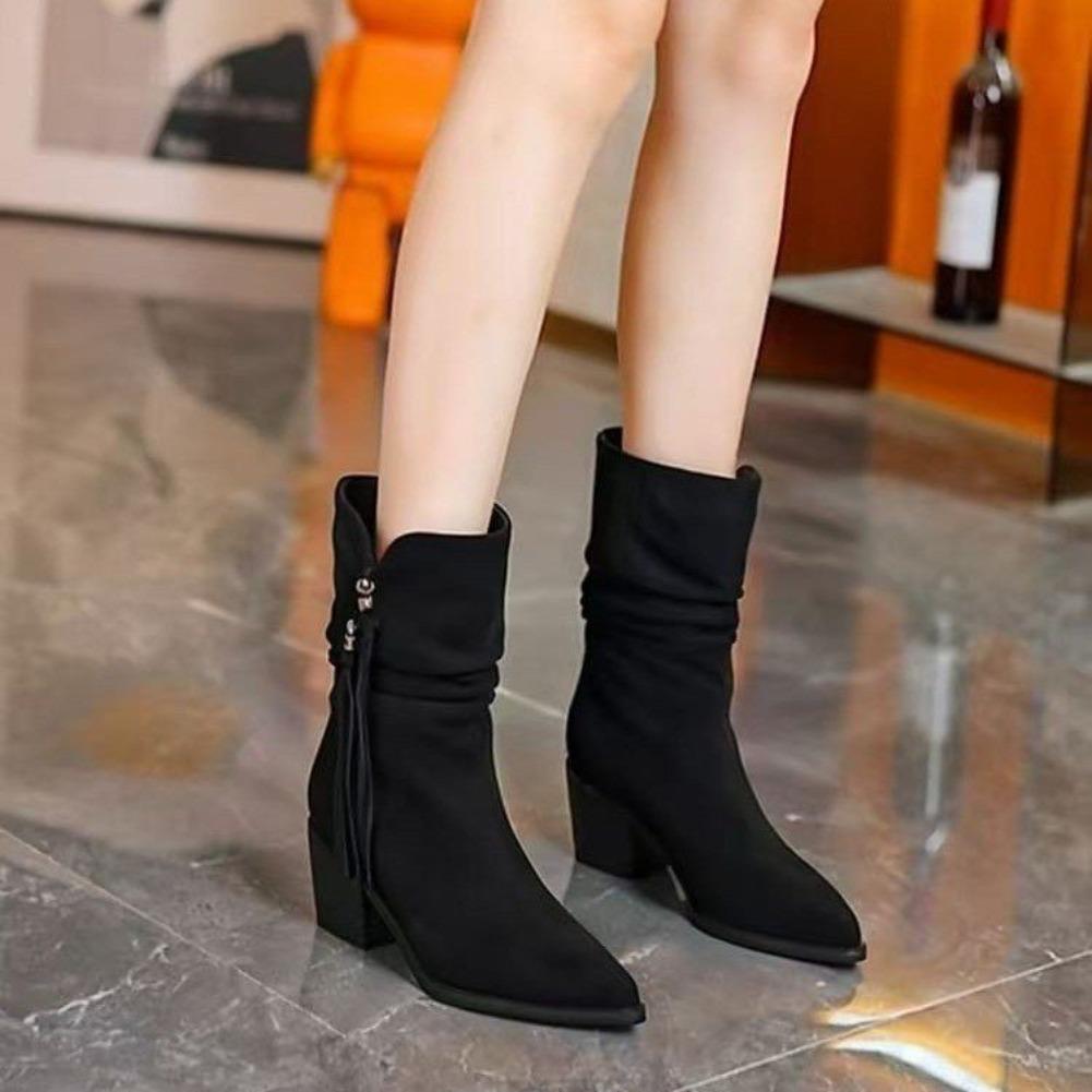 Fashion Winter 2025 Collection of Suede Fringed High-heeled Boots for Women Pointed-toe Chunky-heeled Ankle Boots Fashion Boots