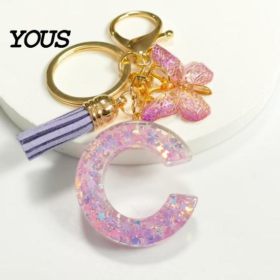 Key Holder For Backpack Purple Series Keychain Pendant, Sequins Star Initial Letter Charm Chain with Butterfly Tassel Design, A-Z for Bag