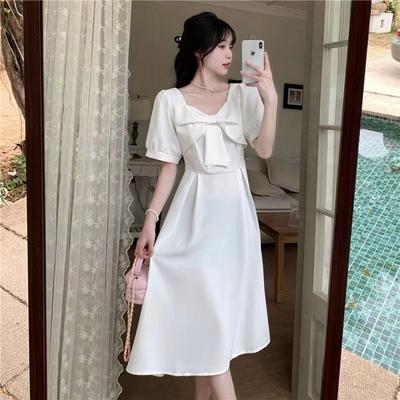 Large Size Summer Dress French Bow Bubble Sleeve White Dress Children Fat Sister Waist and Thin Temperament Long Dress