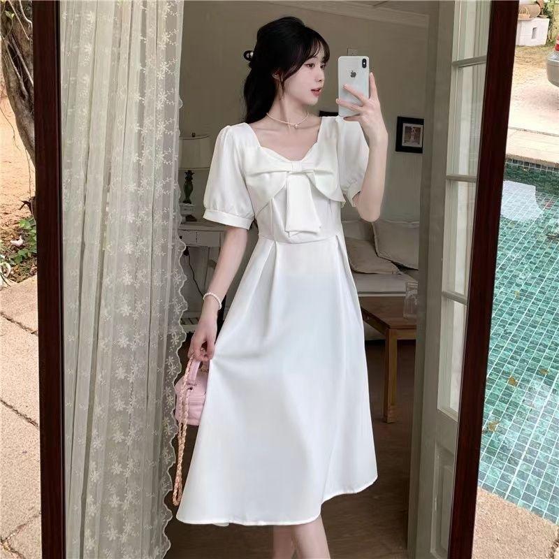 Large Size Summer Dress French Bow Bubble Sleeve White Dress Children Fat Sister Waist and Thin Temperament Long Dress