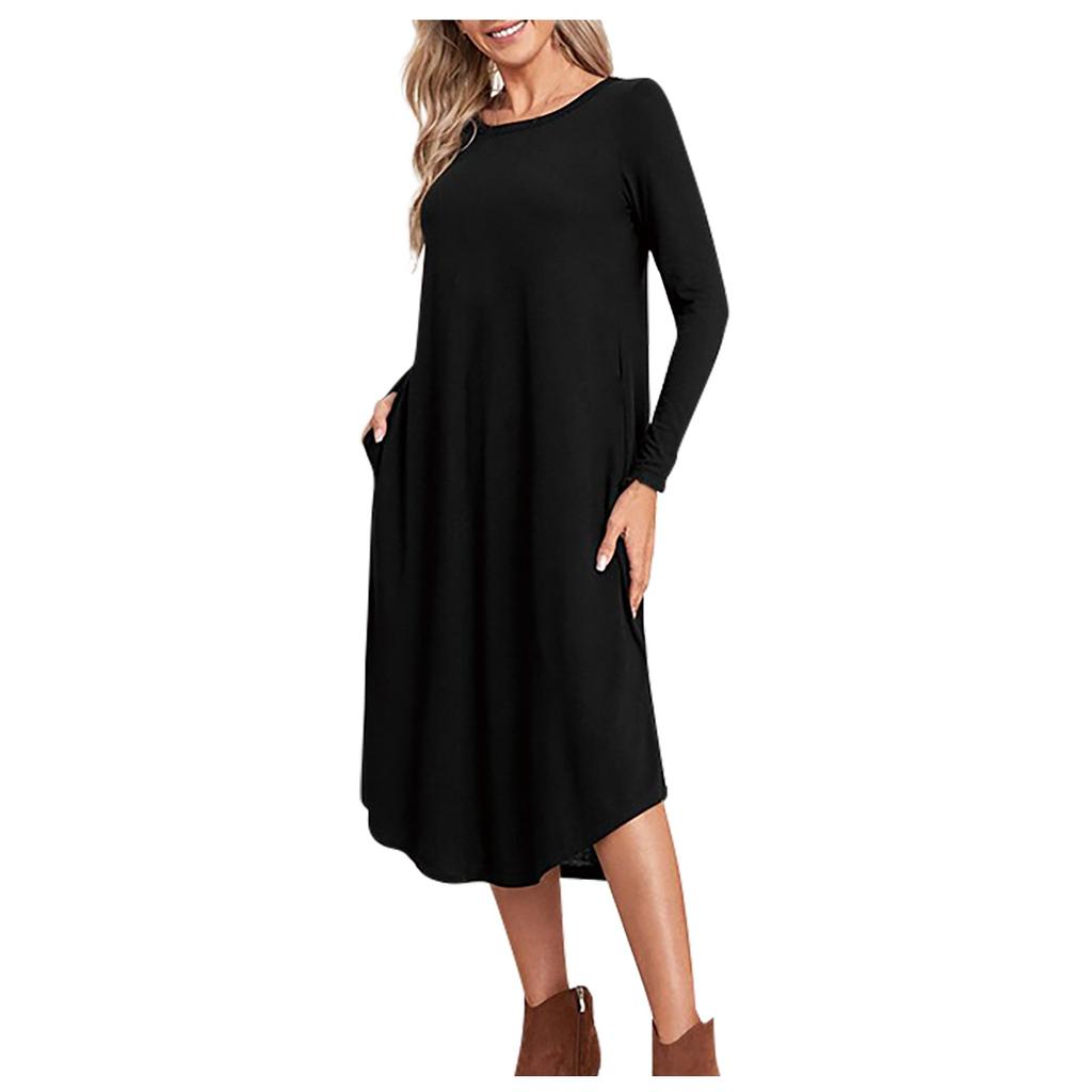 Women's Casual Round Neck Long Sleeve Curved Hem Loose Long Dress With Pocket