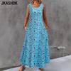 Women's Fashion Summer Spring Flower Pattern Print Sleeveless O-Neck Loose Waistline Casual Dresses