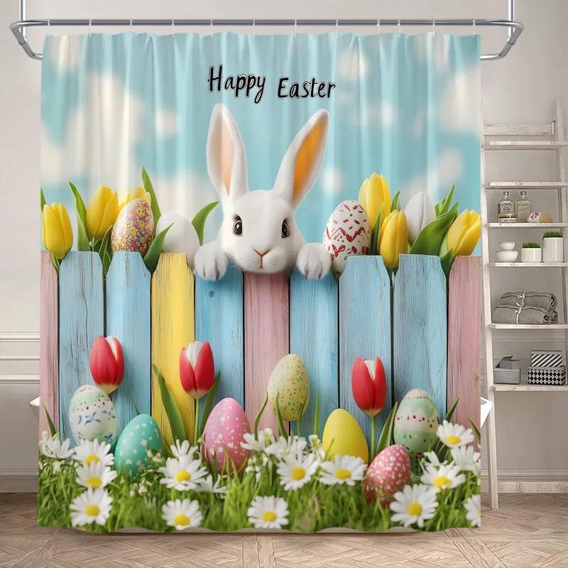 Funny Easter Shower Curtains Cute Cat Rabbit Eggs Butterfly Tulip Flowers Rustic Fabric Home Bathroom Curtain Decor With Hooks