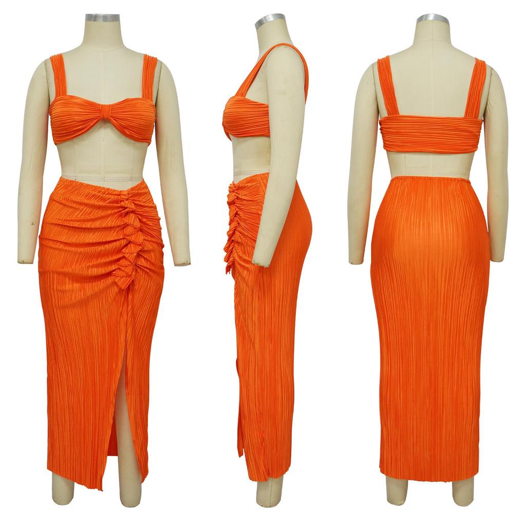 2023 European & American Pleated Backless Camisole and Ruched Skirt Set