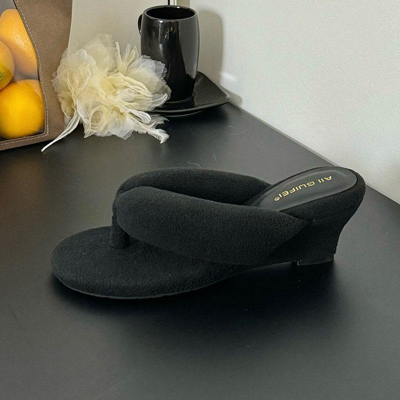 Fashion Red Fashion Round Toe Ladies Wedges Slippers Shoes Footwear Flock Women Wedges Slippers Shoes Female Sandals Slides Flip flops