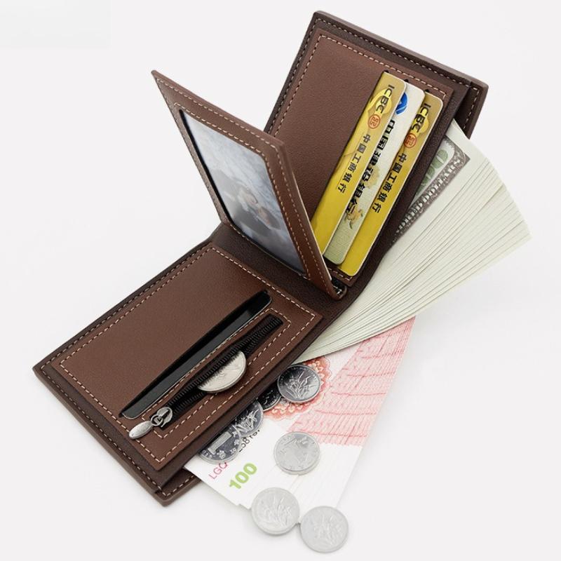 Men's Bifold Short Wallet able Minimalist Casual Multi Slot Purse Large Capacity Zipper Man Wallet with Coin Bag