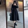 Abito nero vintage da donna francese elegante colletto quadrato manica lunga abito longuette autunno donna abiti retrò chic coreano